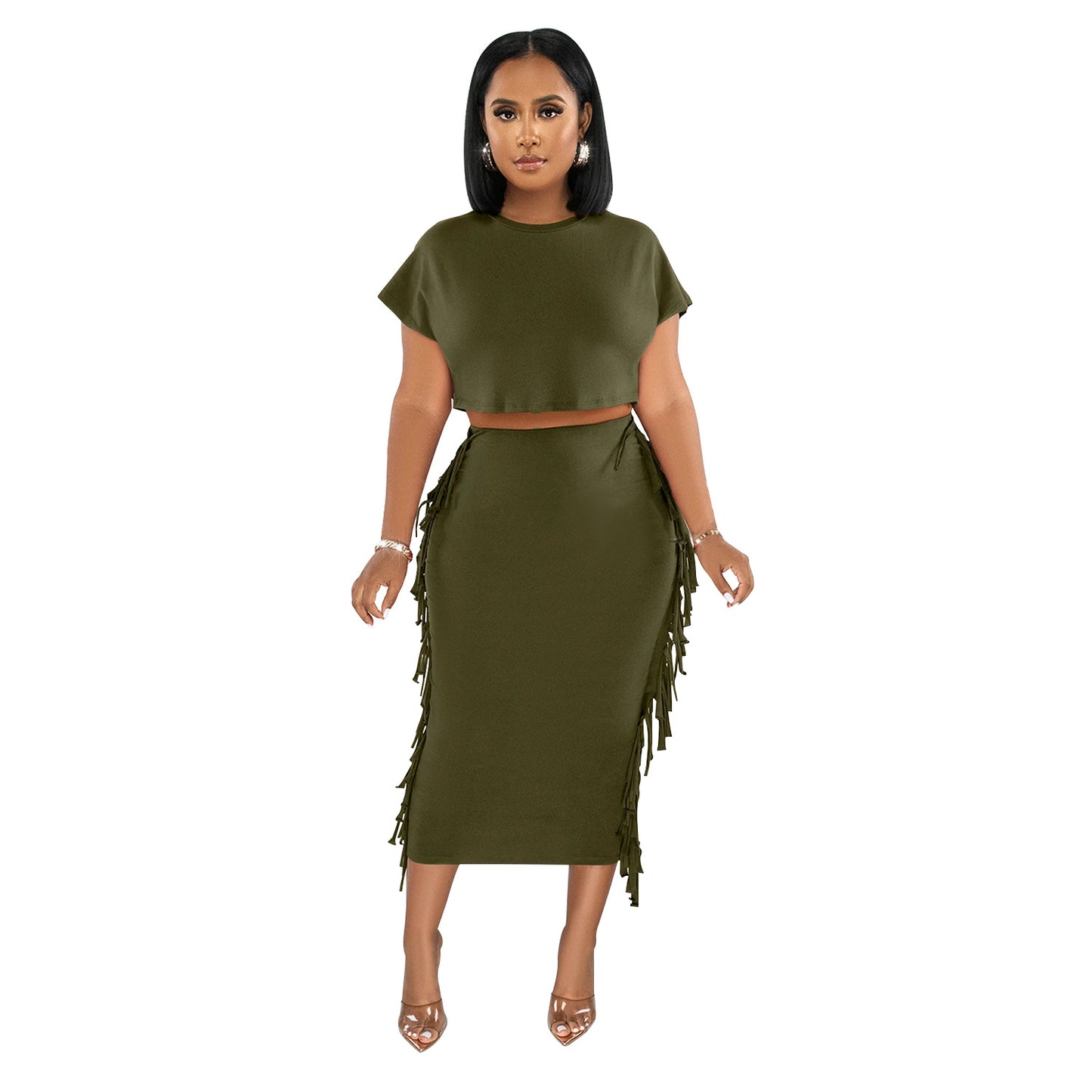 ANTMVSX6331   2025 fashion women's clothing solid color fringed round neck short-sleeved long skirt two-piece set