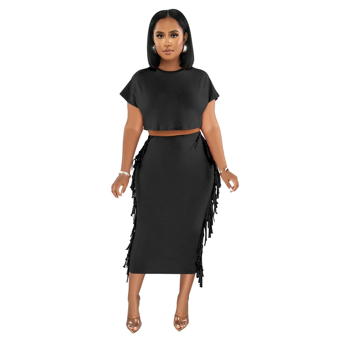 ANTMVSX6331   2025 fashion women's clothing solid color fringed round neck short-sleeved long skirt two-piece set