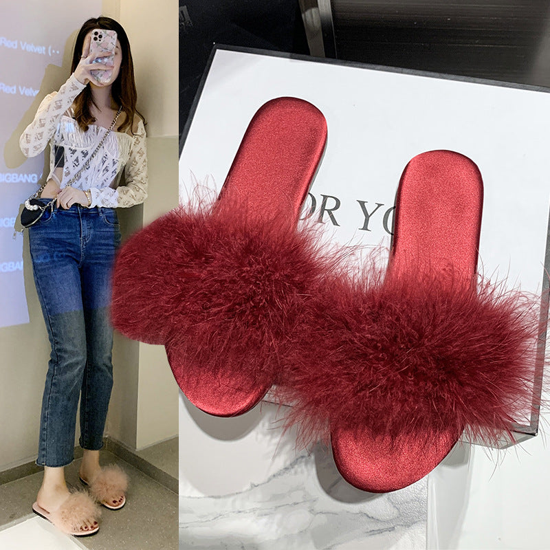 ANTMVS Korean Style Summer New Flat Fluffy Slippers Women's Outer Wear Fashion Trending Low Heel Slippers Feather Flip-Flops