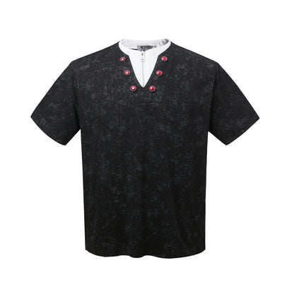 2025 K67 2025n Street Neutral Ruby Deconstruction High Sense Men's Short and Wide Fake Two-piece Design Short Sleeve T-Shirt