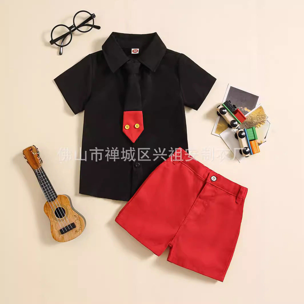 ANTMVS Children's Clothing  Summer New Children's Preppy Style Short-Sleeved Shirt Gentleman Tie Shorts Set