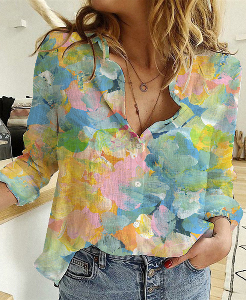 ANTMVS Spring and Summer New Fashion Printed  Linen Cotton Washed Long Sleeve Refreshing Shirt for Women