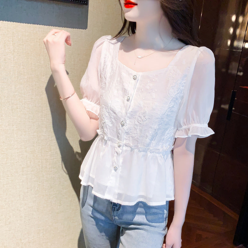 ANTMVS Style Short-Sleeved Chiffon Shirt Women's Summer Wear  New Age-Reducing Beautiful Waist-Tight Shirt Slimming Top