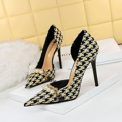 ANTMVS  8829-1 [Customized] High Heel Shoes Plaid Side Hollow Houndstooth Pearl Metal Chain Super High Heel Shoes