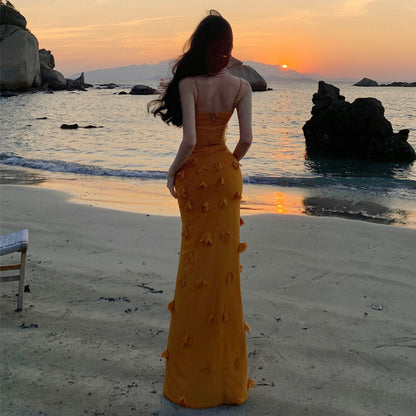 2025 Seaside vacation style is unique, beautiful, super good-looking suspender skirt, birthday dress, high-end mesh backless dress