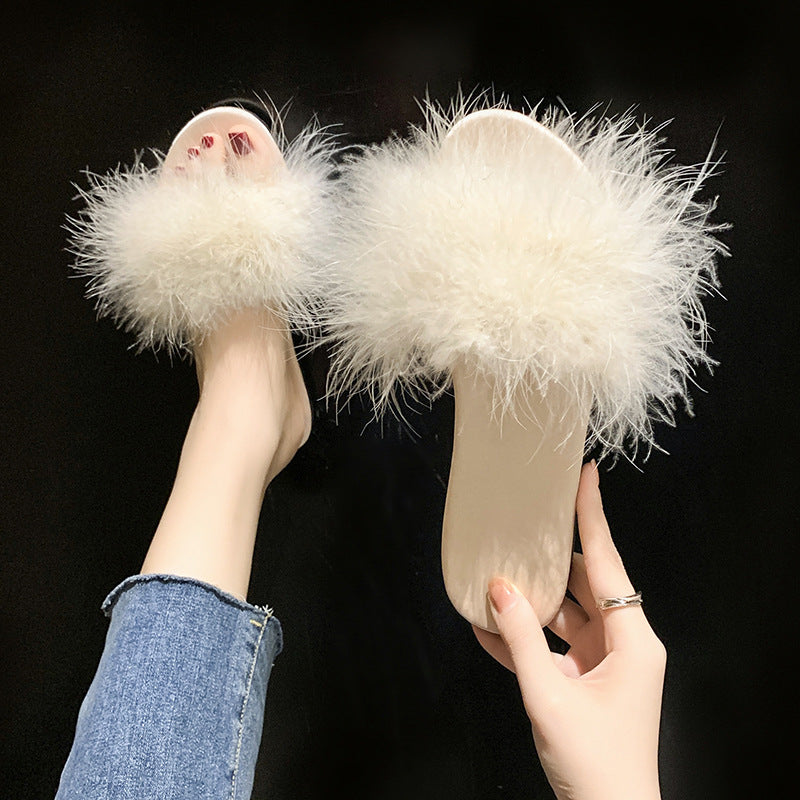 ANTMVS Korean Style Summer New Flat Fluffy Slippers Women's Outer Wear Fashion Trending Low Heel Slippers Feather Flip-Flops