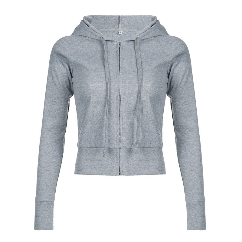 Antmvs -  Women's Plain Pocket Drawstring Zip Up Hoodie, Casual Long Sleeve Hooded Sweatshirt for Summer, Women's Clothing for Daily Wear