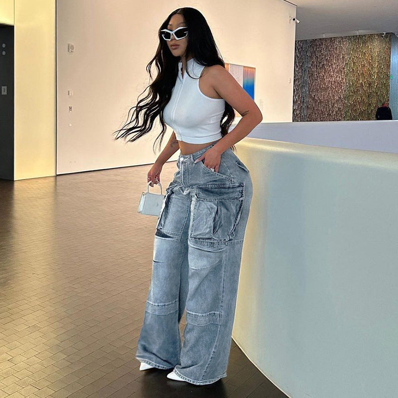 2025 Summer New High Waist Zipper Split Stitching Multi-Pocket Straight Loose Street Fashionable Denim Trousers Women