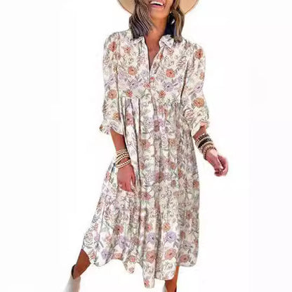 ANTMVS New Casual Loose Long Sleeve V-neck Women's Bohemian Floral Flowy A- line Dress