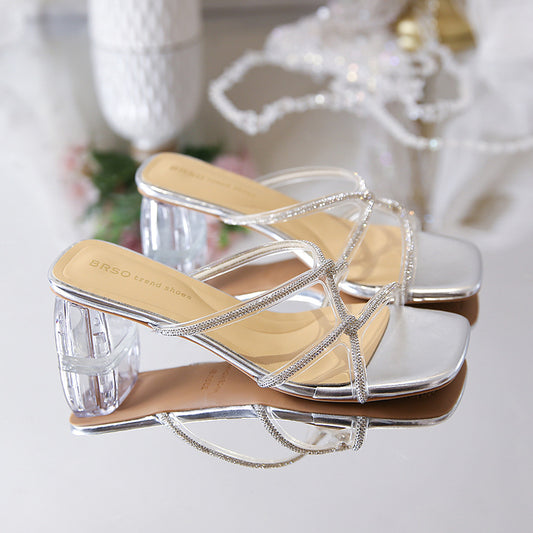 ANTMVS  Women's Thick Heel High Heels  Summer New Rhinestone Transparent Outdoor Slippers Fashionable All-Match Temperament Strap Sandals