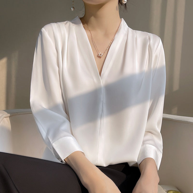 ANTMVS High-Grade  Silk Satin Shirt Women's Summer V-neck Fashionable Elegant Top Business Wear Mulberry Silk Shirt