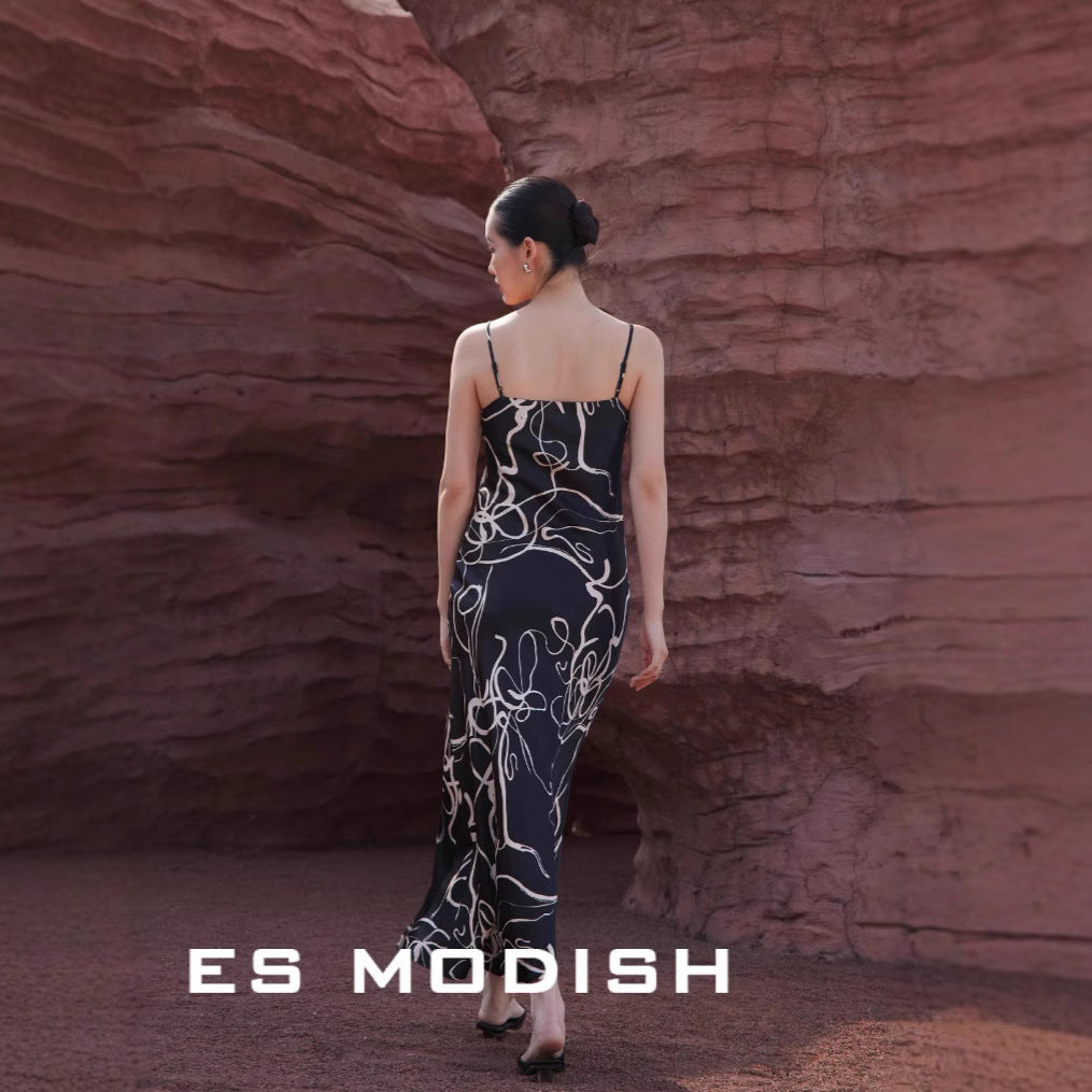 2025 ES MODISH spring new product retro style high-end printing suspender dress tube top waist inner long dress