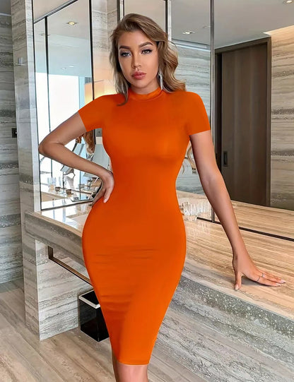 ANTMVS  European and American Summer Solid Color Stand Collar Halter Short Sleeve Long Dress Knitted Mid Waist Air Sheath Dress Women