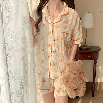 Antmvs -  Women's All Over Print Elastic Waist Pyjama Set, Button Front Top & Bow Decor Shorts, Summer Sleepwear, Pajama Sets Women, Nightwear Set for Women