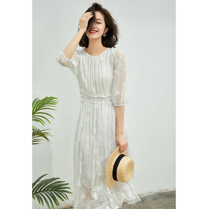 Heavy Embroidery Dress Women's Summer Feeling Mulberry Silk Skirt White Temperament High Waist Silk Dress