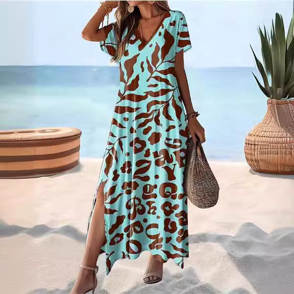 ANTMVS  Summer   Cross Border V-neck Short Sleeve High Waist Plant Floral Print Maxi Dress for Women Dress