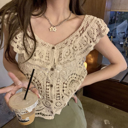 Antmvs -  Women's Rhinestone Decor Hollow Out Button Front Ruffle Hem Cardigan, Boho Butterfly Sleeve Round Neck Knitwear for Summer, Fashion Women's Knit Clothing for Daily Wear