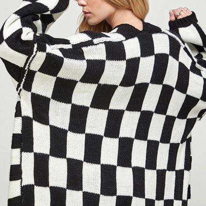 Antmvs -  Women's Checkerboard Pattern Drop Shoulder Cardigan, Casual Long Sleeve Open Front Knitwear for Summer, Fashion Ladies' Knit Clothing for Daily Wear