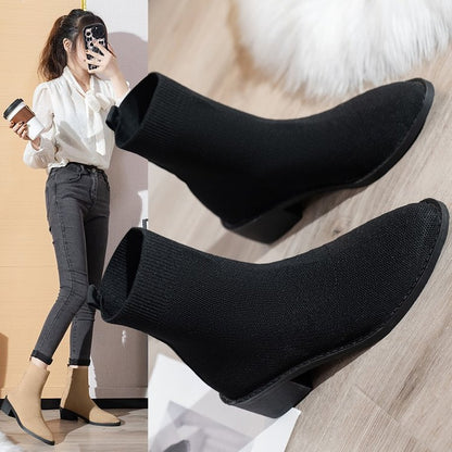 Foreign Trade plus Size Women's Knitted Boots  Autumn and Winter New Breathable Knitted Stretch Boots Pointed Square Heel Sleeve Ankle Boots