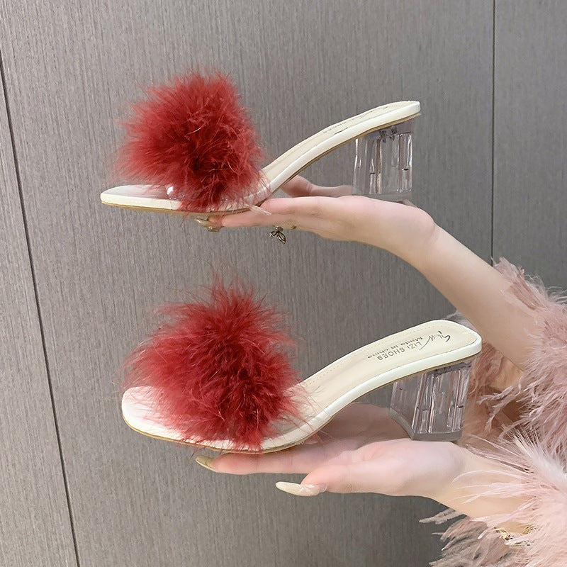 ANTMVS  Slippers  New Summer Korean Style High Heels Chunky Heel Slippers Fluffy Shoes Bride and Bridesmaid Morning Gowns Matching Shoes