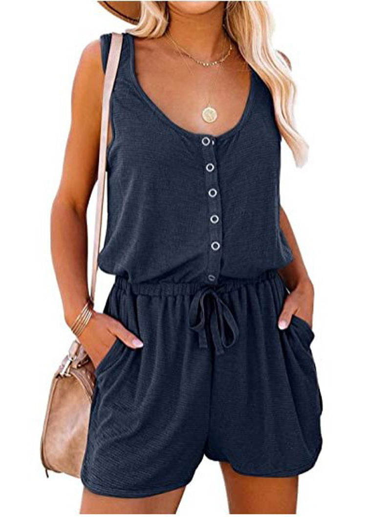 Antmvs -  Fisoew Women's Summer Scoop Neck Sleeveless Button Down Tank Top Rompers Elastic Waist Shorts Outfits with Pockets