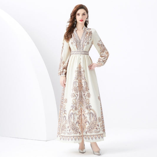 Retro court style printing dress women's popular new Popular style waist pendant dress  long dress
