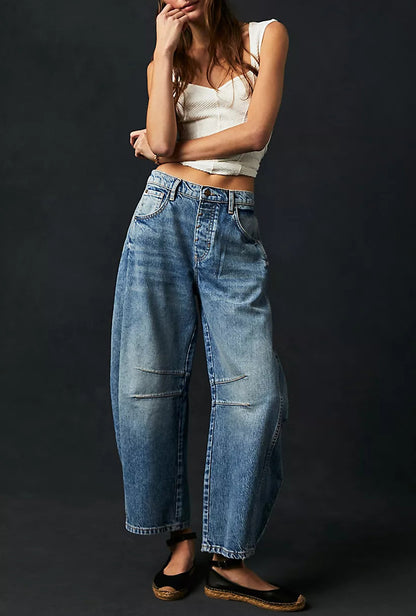 2024 New  Best Seller in Europe and America Fashion Casual Wide Leg Loose Jeans Women's Mid-Low Waist Washed Denim