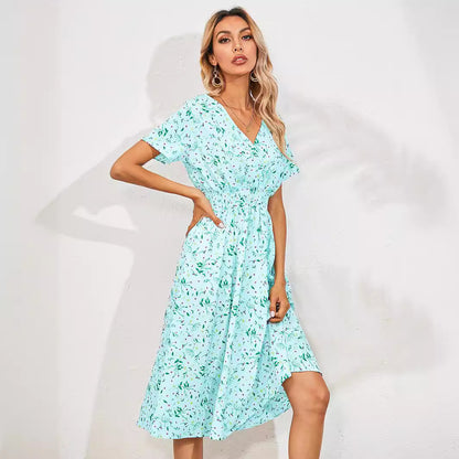 ANTMVS Foreign Trade Women's Clothing European and American Station  Cross-Border Summer Small Floral Print Short Sleeve Dress