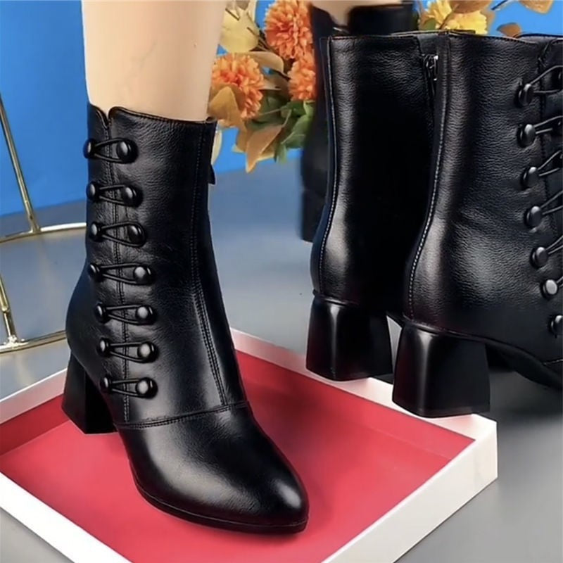 Cross-Border Foreign Trade  Soft Leather Skinny Boots Short Boots for Women Autumn and Winter Fashion Mid Heel Mid-Calf Soft Bottom Mother Ankle Boots