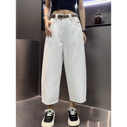 Antmvs Summer New plus Size Women's Clothing Thin White Straight Banana Wide Leg Jeans High Waist Loose and Slimming Daddy Pants