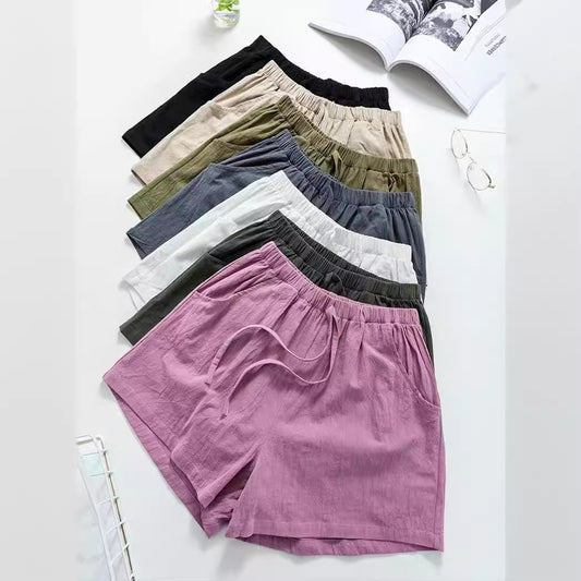 Antmvs New High Waist Cotton Linen Shorts Women's Linen Slim-Looking Loose-Fitting Hot Pants plus Size Thin Casual Elastic Waist Pants