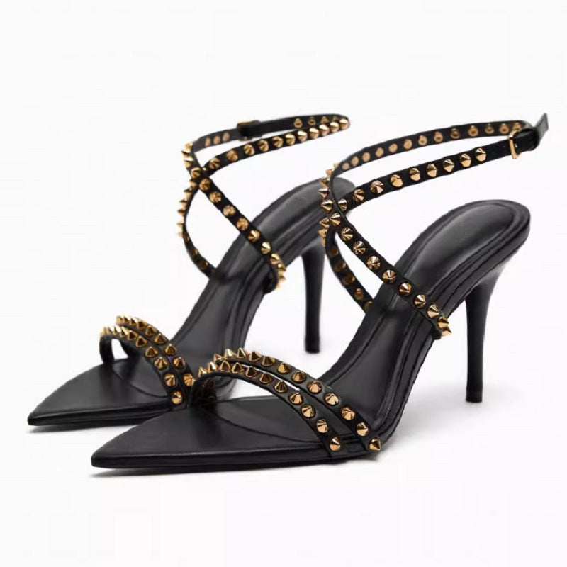 ANTMVS  Women's Sandals Summer All-Matching High Heels Women's Wholesale Black Rivet Shoes Comfortable Stiletto Heel Cross Buckle Women's Shoes