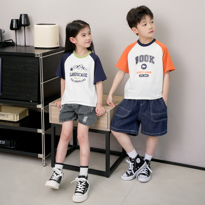 ANTMVS Children's Short Sleeve  Summer New Boys and Girls Color Matching T-shirt Medium and Big Children's Letter Raglan Sleeve Cotton T Undershirt Wholesale