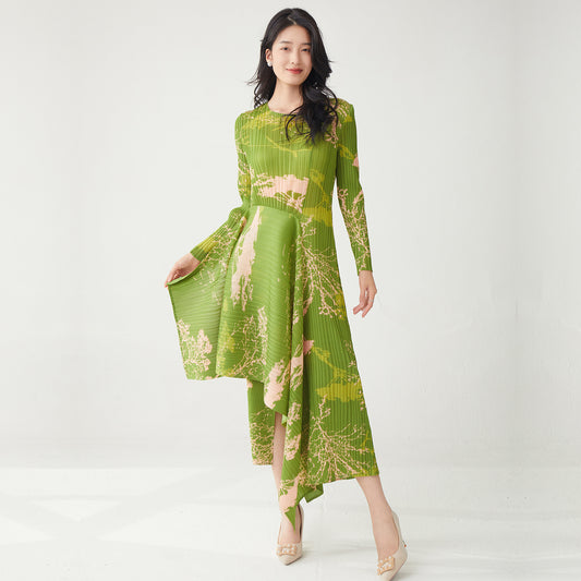 2025 Spring dress women's slim high-quality fashion versatile temperament elegant printing holiday style  irregular skirt