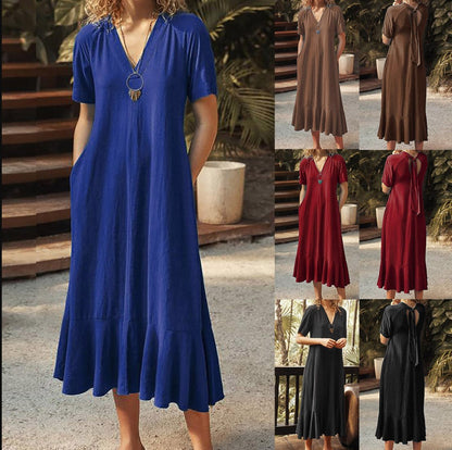 ANTMVS Cross Border New Best Selling Women's Clothes Solid Color and V-neck Lace-up Short Sleeve A- line Length Dress