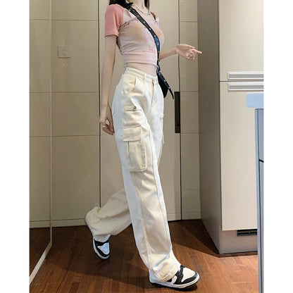 American Denim Overalls Women's 2024 New Retro High Waist Loose and Slimming Pocket Trousers Wide Leg Pants