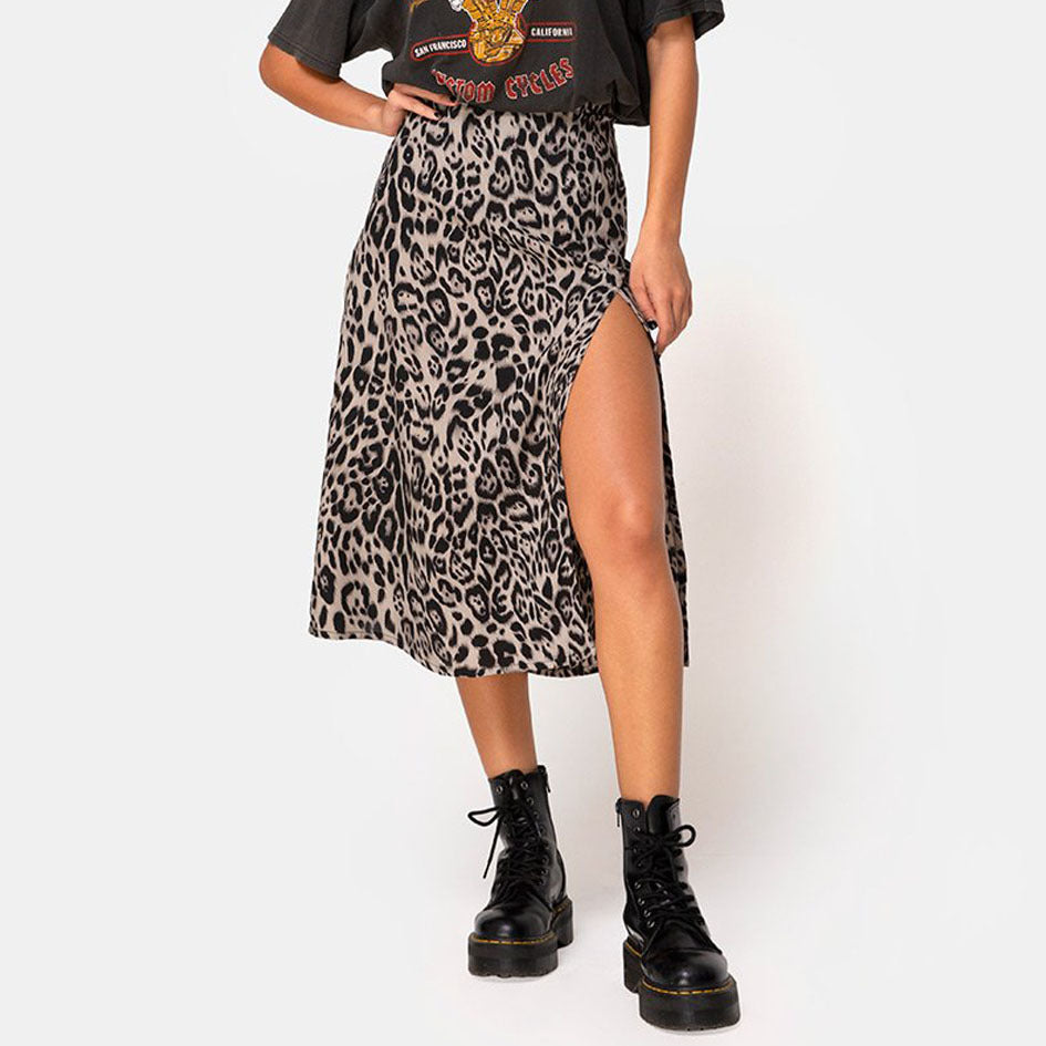 Antmvs -  Flower Leopard Print High Waist Elastic Split Long A-line Skirt for Women 11 Colors 4 Sizes