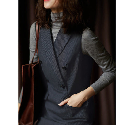2025 Wool striped vest suit skirt  new dress women's clothing, double-breasted skirt with a sense of design