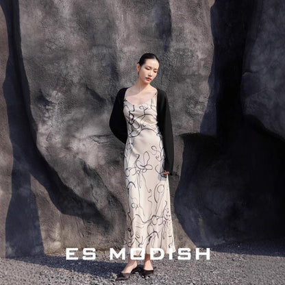 2025 ES MODISH spring new product retro style high-end printing suspender dress tube top waist inner long dress