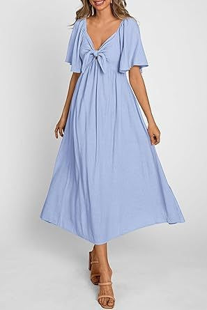 ANTMVS  European and American Foreign Trade Cross-Border Women's Clothing  Shein Bow V-neck Pleated Mid-Length Short Sleeve Dress