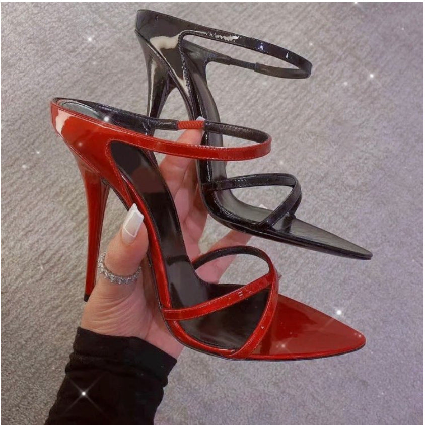 ANTMVS  Special-Interest Design Pointed Stiletto Heel High Heels Women's  Spring New Sexy Painted Red Ankle-Strap Open Toe Sandals