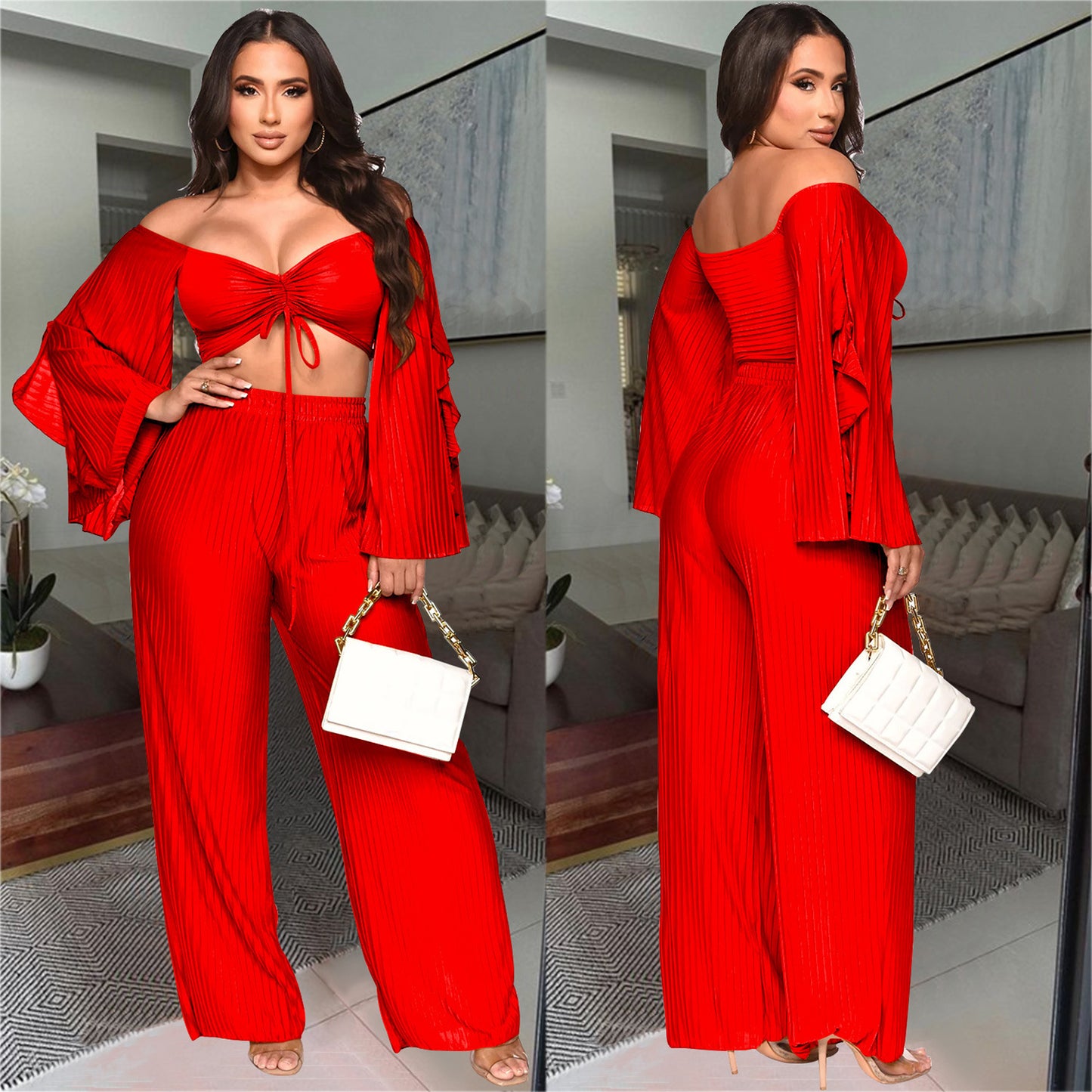 ANTMVSC6340   2025 fashion women's clothing solid color crumpled long-sleeved trousers two-piece set women