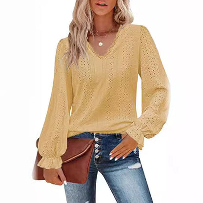 ANTMVS New Cross-Border European and American Style Women V-neck T-shirt Autumn Hollowed Leisure Pleated Sleeve Top Shirt