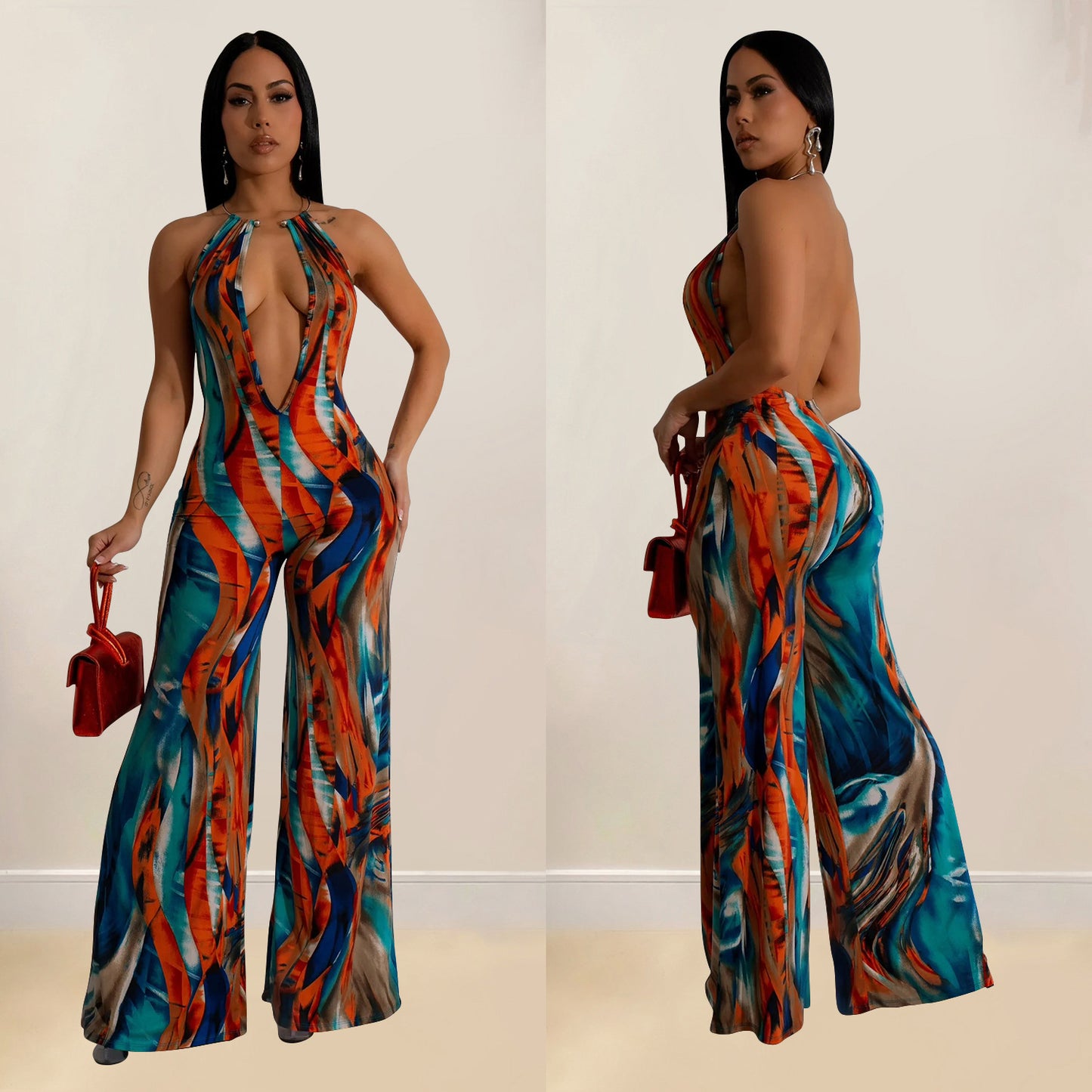 ANTMVS C6930    2025 fashion women's clothing printed sleeveless deep V color matching backless long jumpsuit