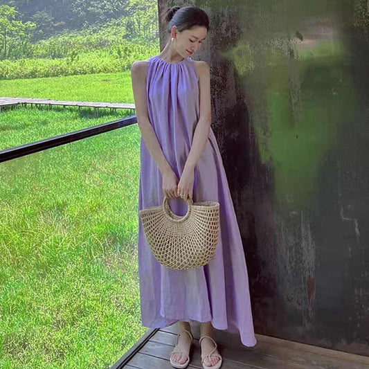2025 Summer  new beach long skirt purple Sanya seaside vacation vest sleeveless neck dress women