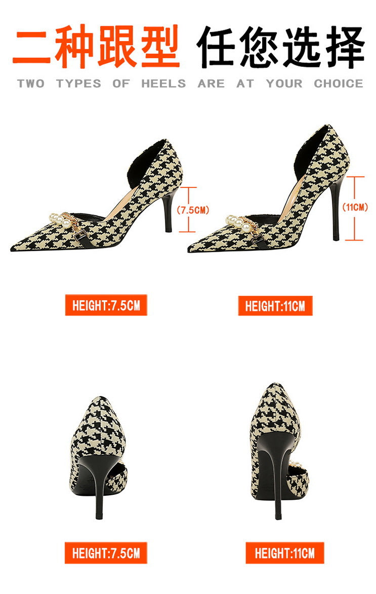 ANTMVS  8829-1 [Customized] High Heel Shoes Plaid Side Hollow Houndstooth Pearl Metal Chain Super High Heel Shoes