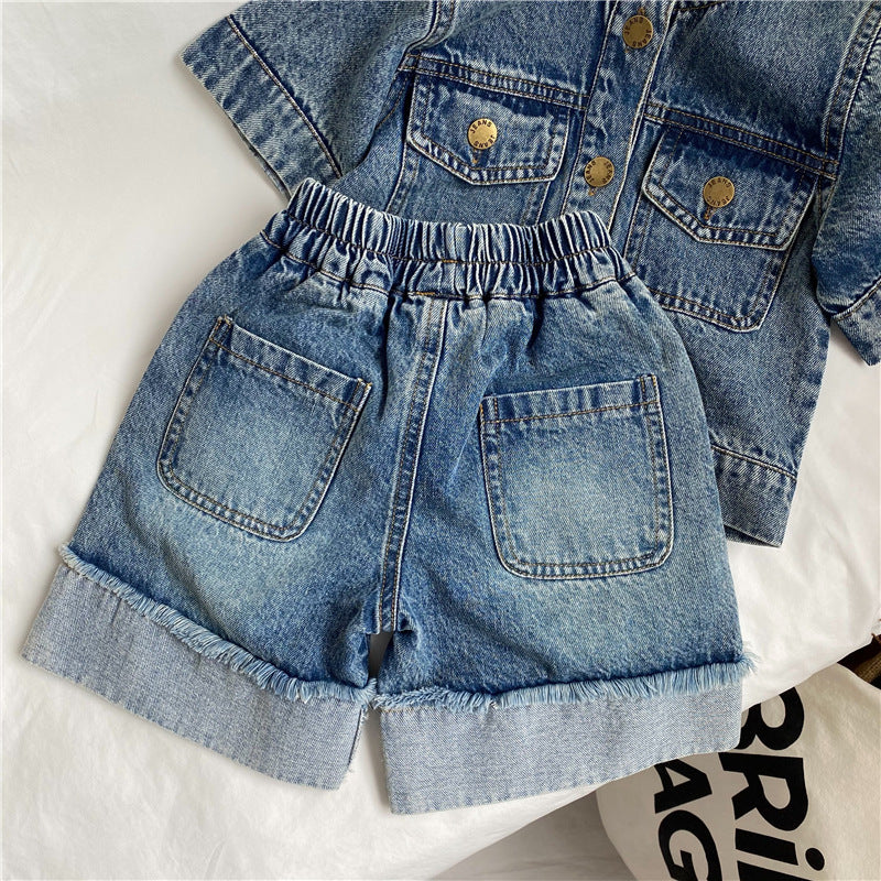 ANTMVS GL-kids Korean Style Summer New Children's Retro Do the Old Cowboy Shorts Baby Boy and Baby Girl Raw Edge Denim 5-Point Pants