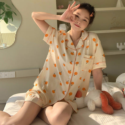 Antmvs -  Women's All Over Print Elastic Waist Pyjama Set, Button Front Top & Bow Decor Shorts, Summer Sleepwear, Pajama Sets Women, Nightwear Set for Women