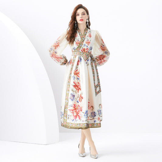 retro elegant dress women's high-end court-style printing lace-up waist temperament dress  long dress