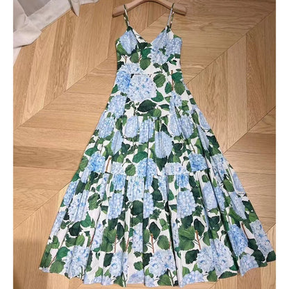 European American Summer New Sexy V-neck Brace Elegant Printing Ethereal Swing Sanya, Thailand Seaside Vacation Dress